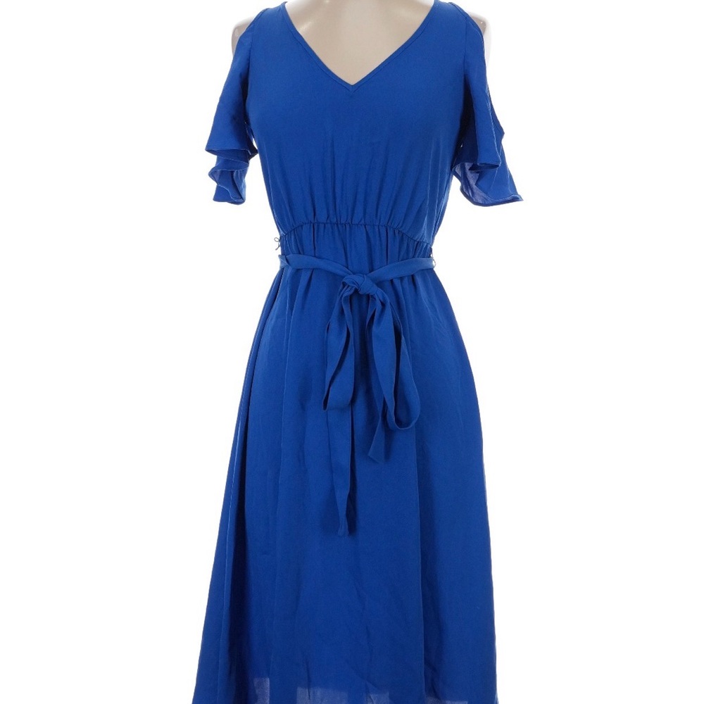 Ann Taylor Royal Blue V-Neck Tie-Waist Midi Dress Cold Shoulder